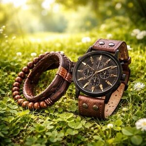 Brown Leather Strap Watch with Bracelet Set